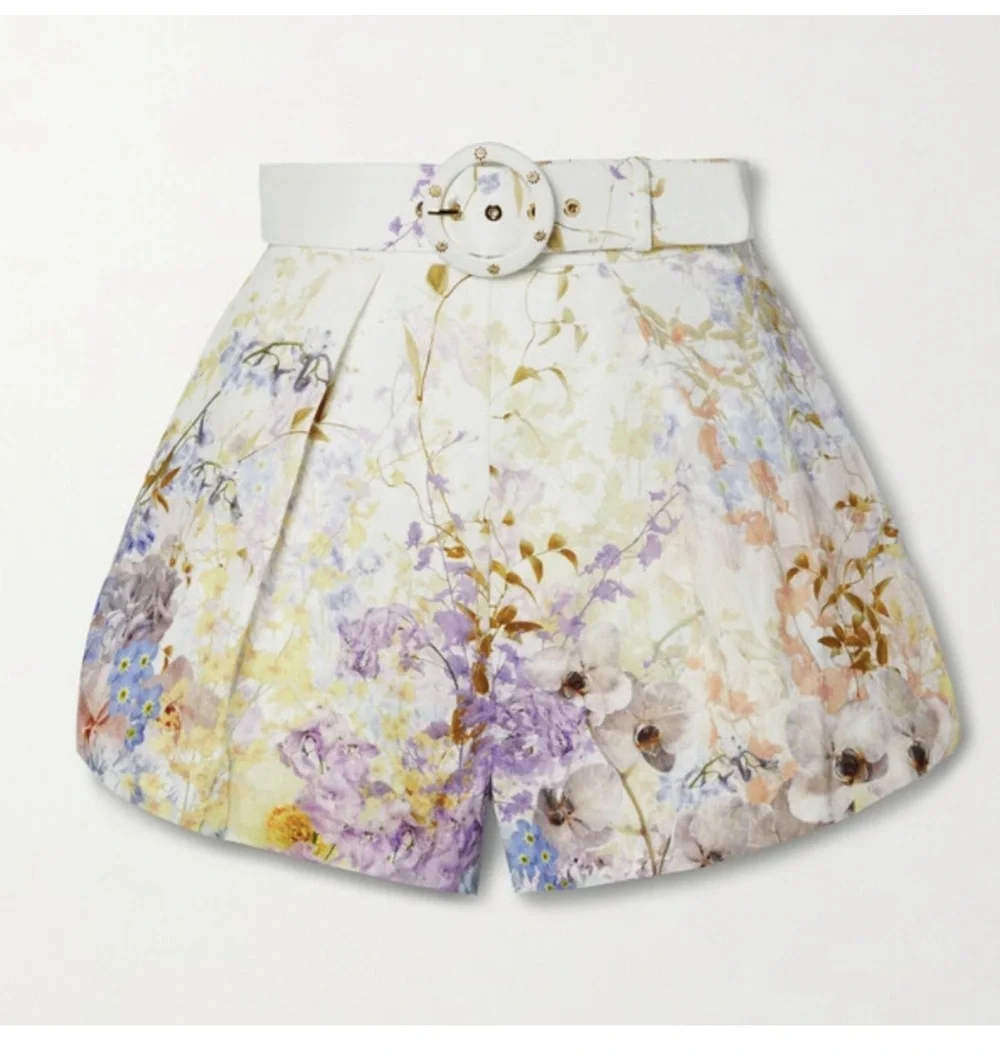 Zimmermann pastel floral belted high waist pleated shorts - Picture 2 of 5